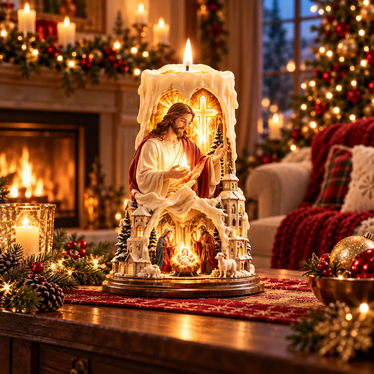 ✝️✨ Jesus Light of Faith™ – 3D Jesus Nativity Scented Candle with Glowing Cross | Christian Christmas Gift of Faith, Hope & Love