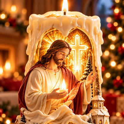 ✝️✨ Jesus Light of Faith™ – 3D Jesus Nativity Scented Candle with Glowing Cross | Christian Christmas Gift of Faith, Hope & Love