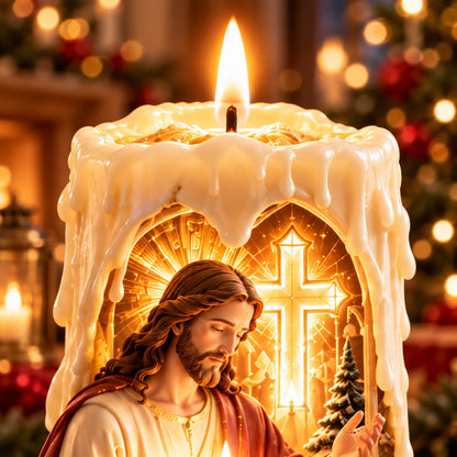 ✝️✨ Jesus Light of Faith™ – 3D Jesus Nativity Scented Candle with Glowing Cross | Christian Christmas Gift of Faith, Hope & Love