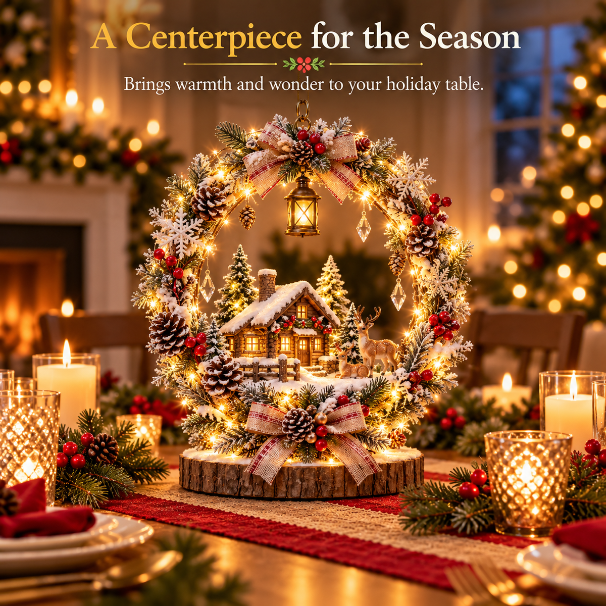 The Enchanted Snowy Cottage Wreath — A Glowing Christmas Village Centerpiece