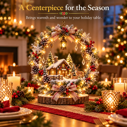The Enchanted Snowy Cottage Wreath — A Glowing Christmas Village Centerpiece