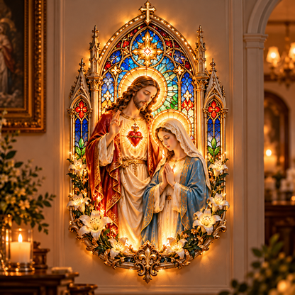 ✨ Where Faith Meets Light — Jesus & Mary Illuminated Stained Glass Wall Art