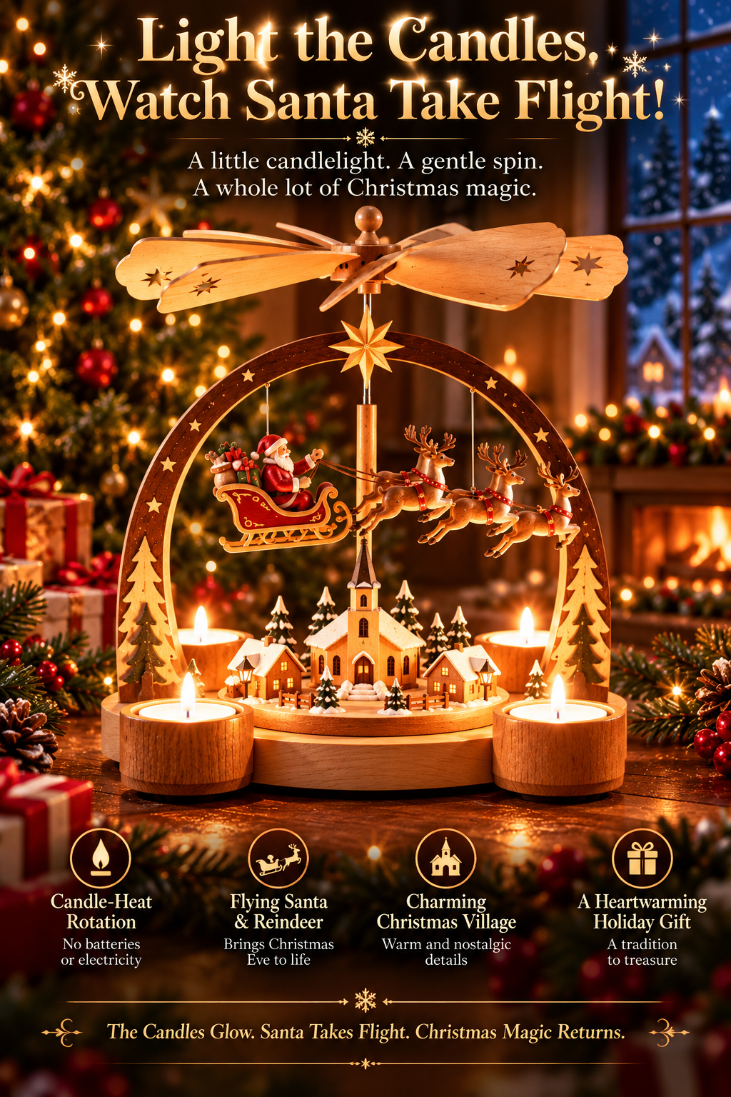 🎅 Light The Candles, Watch Santa Take Flight! 🕯️ Wooden Christmas Candle Carousel