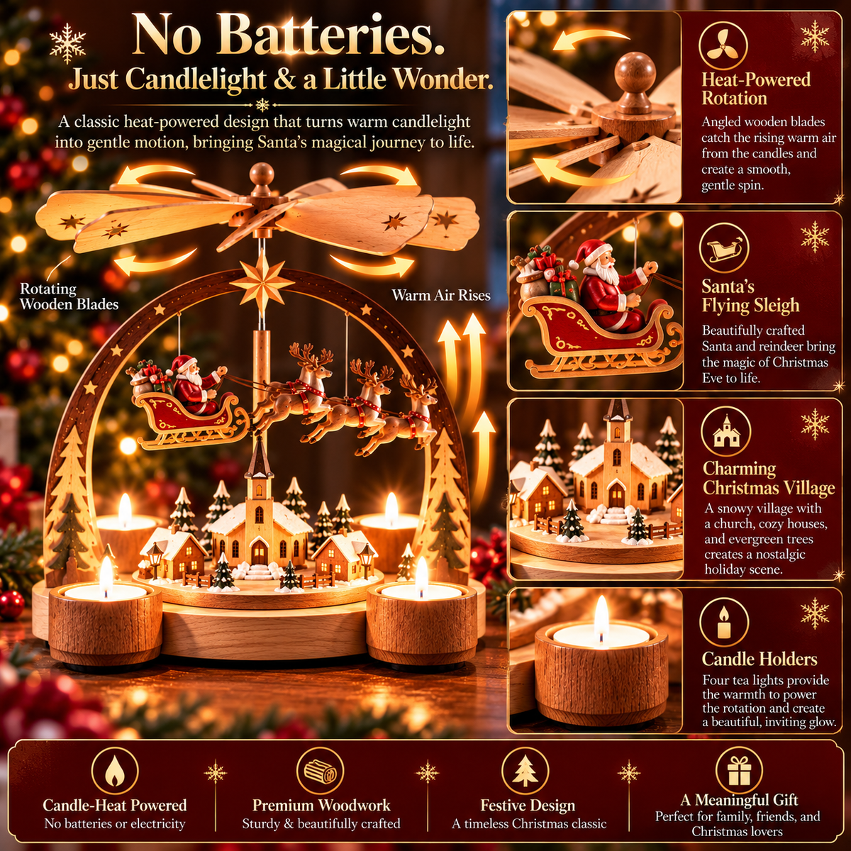 🎅 Light The Candles, Watch Santa Take Flight! 🕯️ Wooden Christmas Candle Carousel