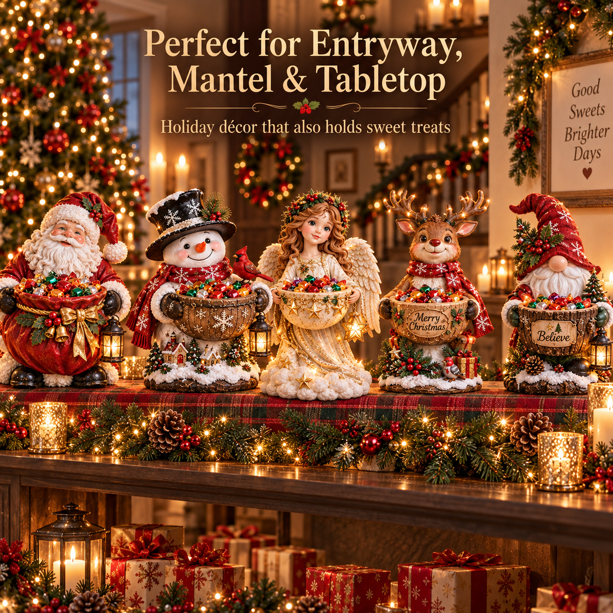 Five Christmas candy bowls styled on an entryway and tabletop