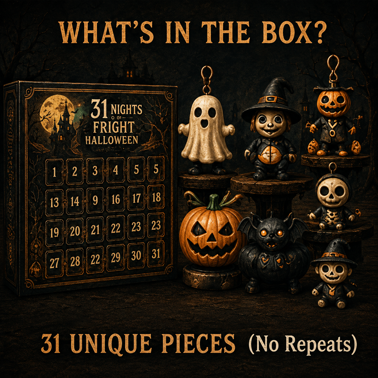 🎉🎃 31 Nights of Fright Halloween Countdown Box | 31 Unique Mini Figurines, Hanging Charms & Spooky Collectibles with No Repeats 👻✨