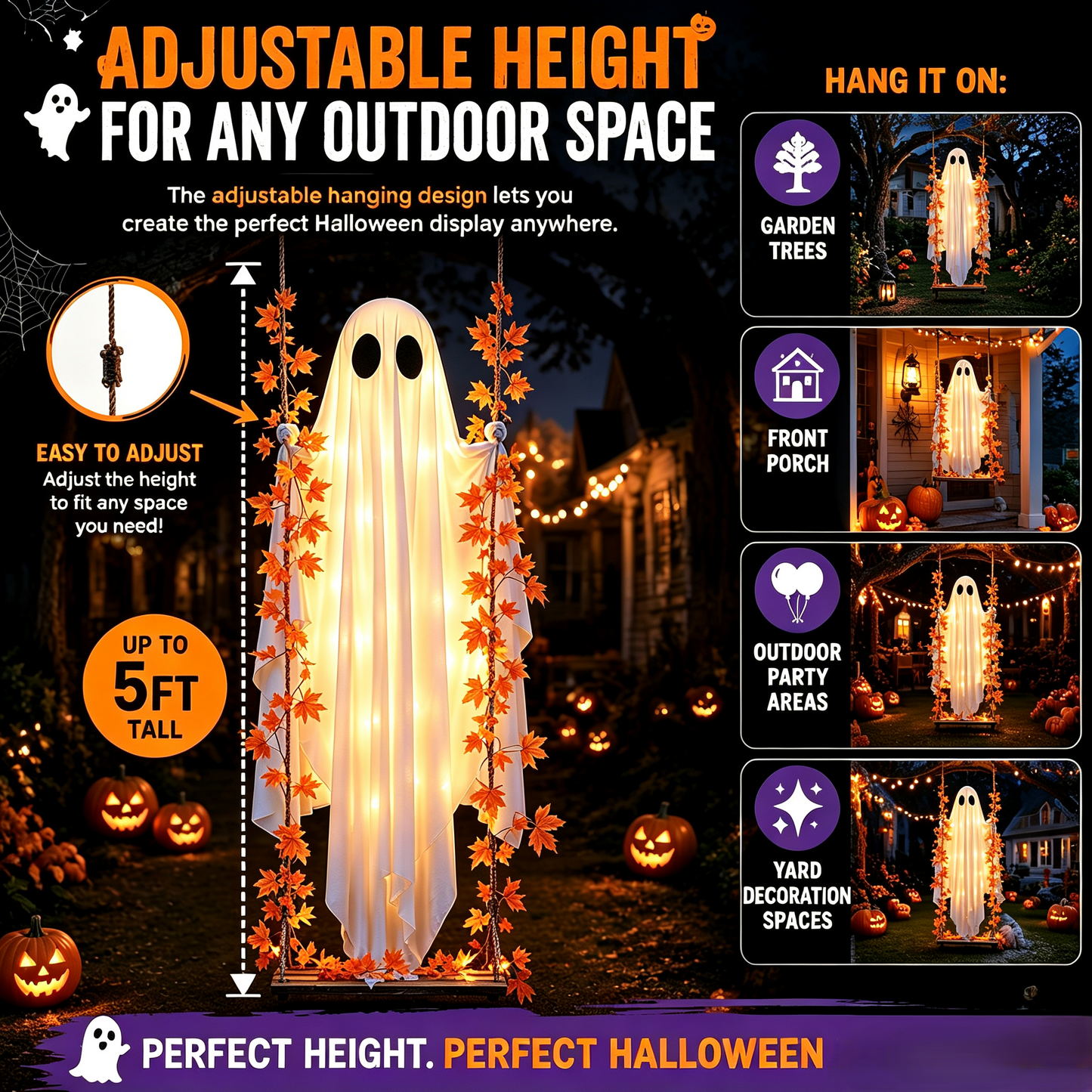 🔥Limited-time 50% Off👻✨LED Hanging Ghost Swing Decoration, 5FT Remote Controlled Halloween Outdoor Hanging Decor🎃