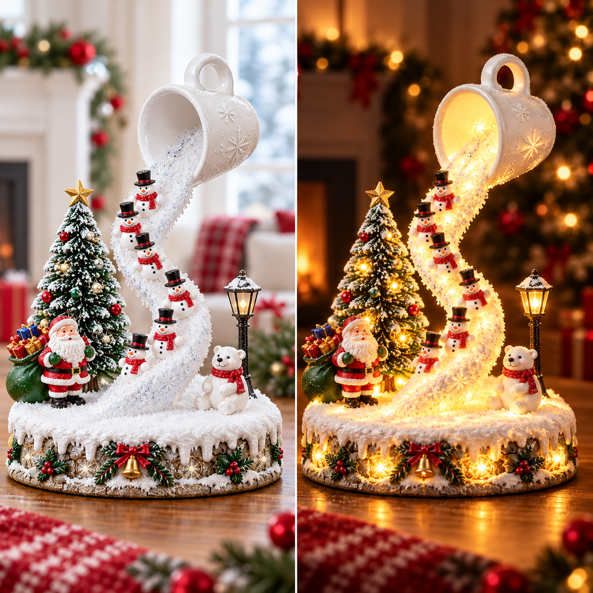 Daytime and nighttime lighting comparison of Snowmen's Magical Snowfall Mug