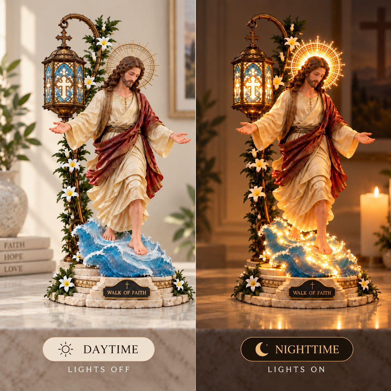 Walk by Faith sculpture daytime and nighttime comparison