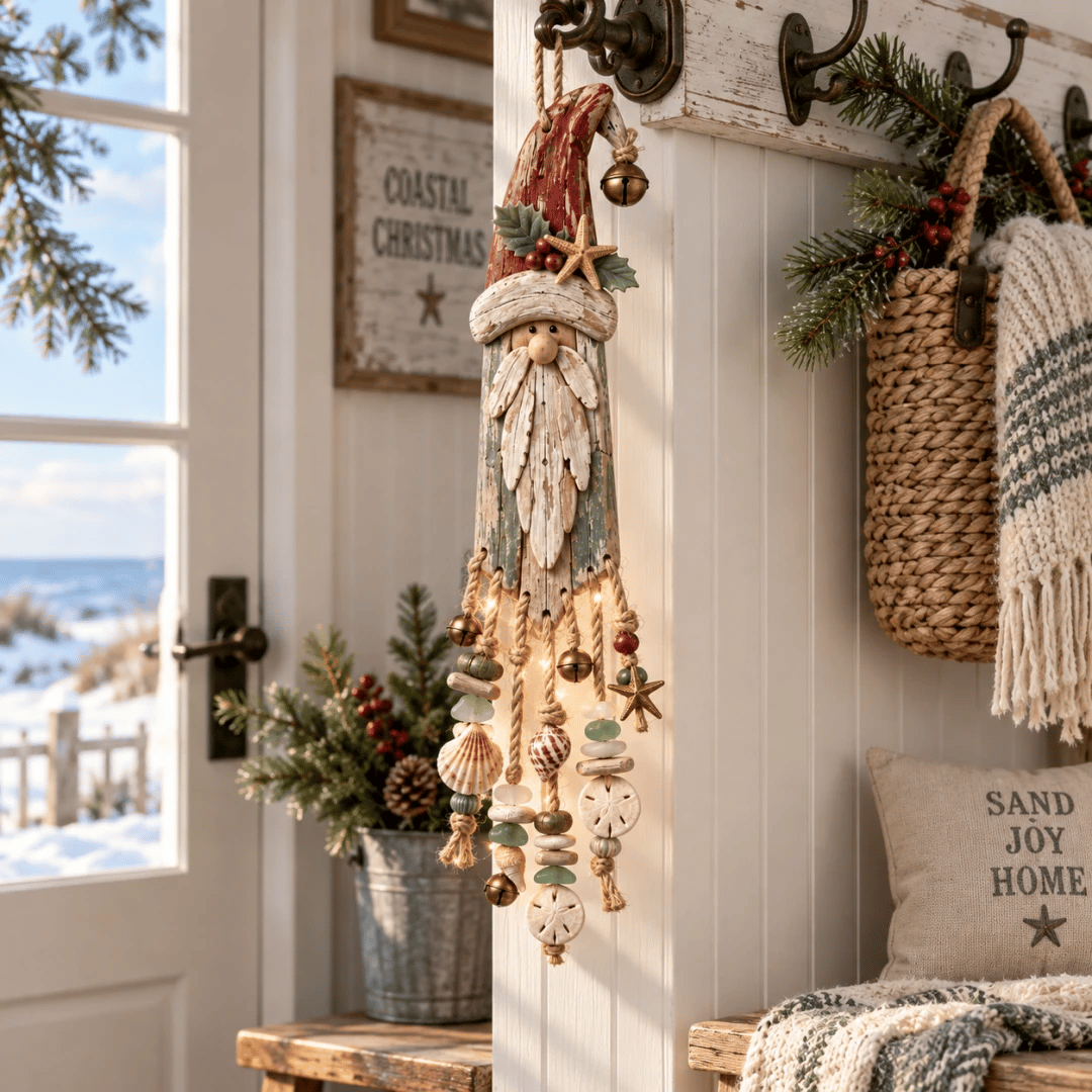 🔔Hot Sale 50% OFF🎄Vintage Coastal Santa Lighted Wall Decor – Beach House Christmas Hanging with Starfish, Shells & Warm Glow🌙