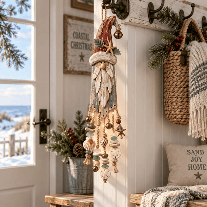 🔔Hot Sale 50% OFF🎄Vintage Coastal Santa Lighted Wall Decor – Beach House Christmas Hanging with Starfish, Shells & Warm Glow🌙