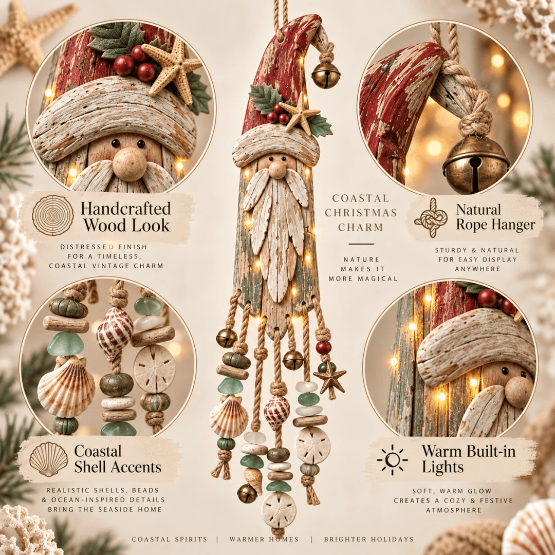 🔔Hot Sale 50% OFF🎄Vintage Coastal Santa Lighted Wall Decor – Beach House Christmas Hanging with Starfish, Shells & Warm Glow🌙