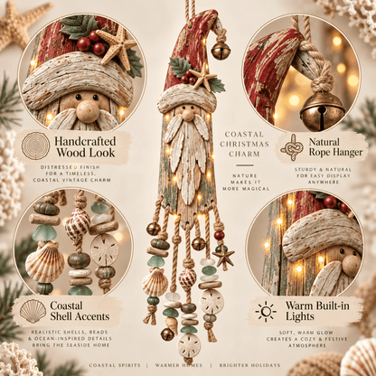 🔔Hot Sale 50% OFF🎄Vintage Coastal Santa Lighted Wall Decor – Beach House Christmas Hanging with Starfish, Shells & Warm Glow🌙