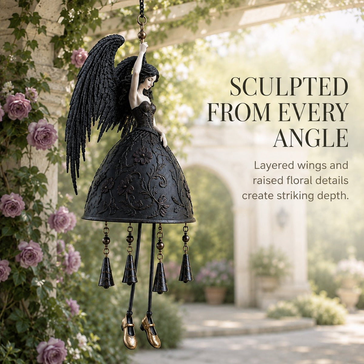 💜 Dark Angel Gothic Wind Chime – Enchanting Outdoor Garden Hanging Decor