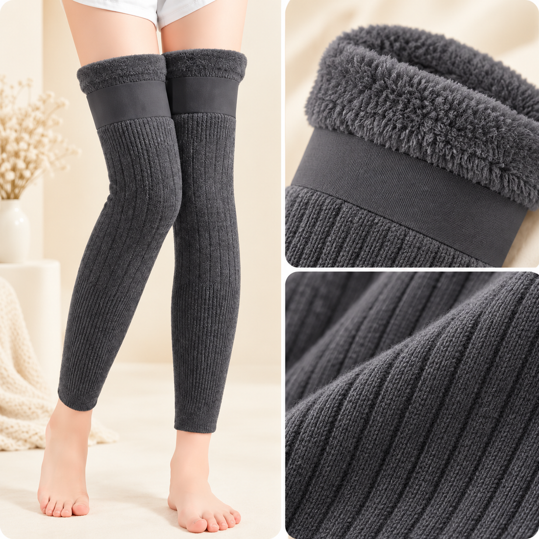 Gray warmer with close-up views of the plush lining and ribbed knit