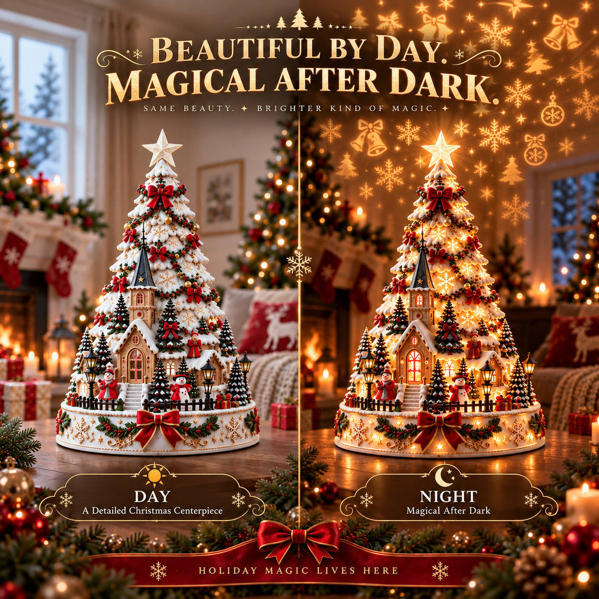 Christmas Village Lightscape Tree day and night