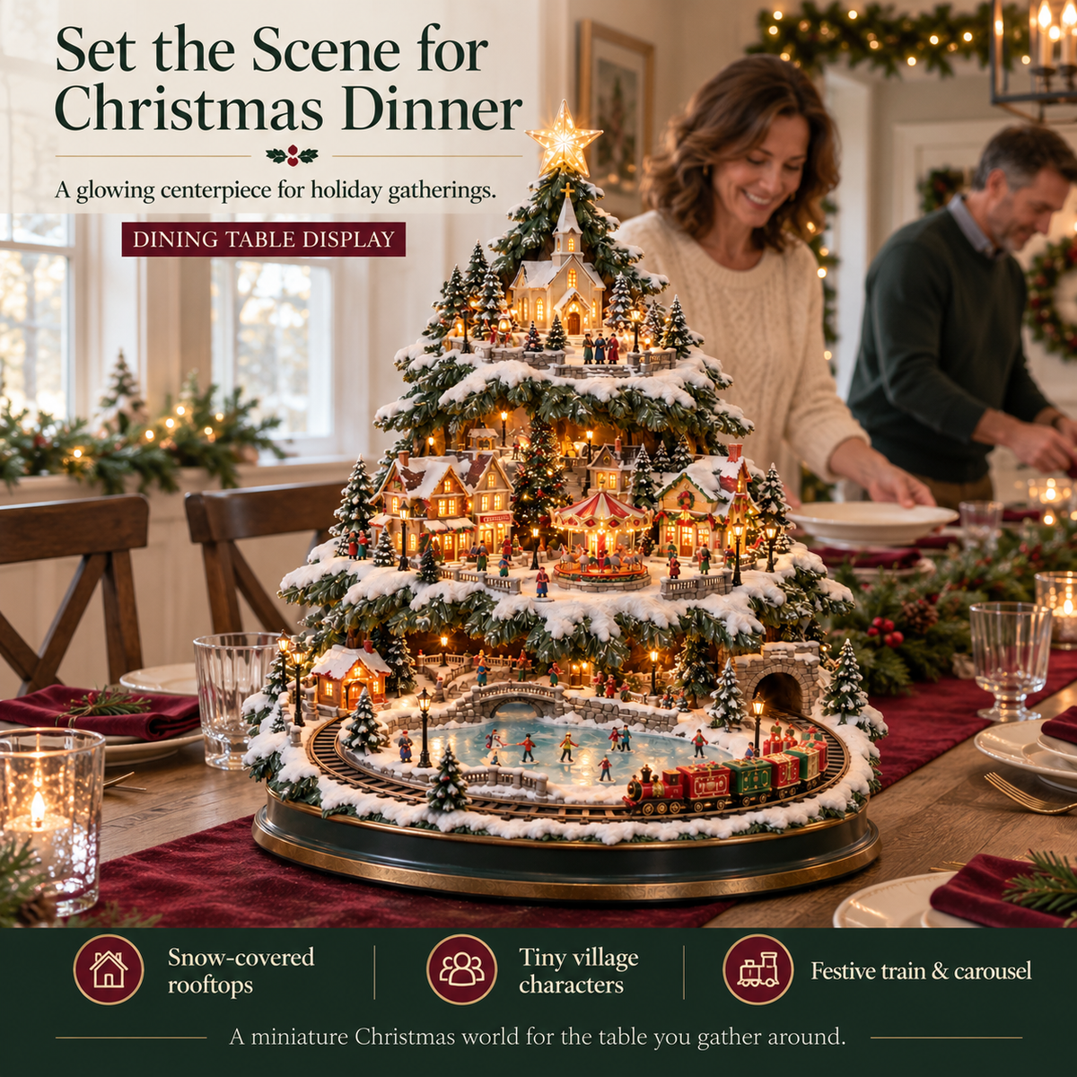 ⛷️ Lighted Christmas Village Tree – With Train& Carousel