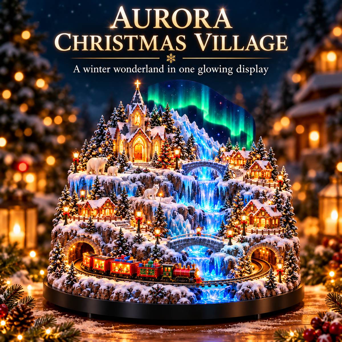 Aurora Christmas Village™ – Lighted Winter Village with Train & Waterfall