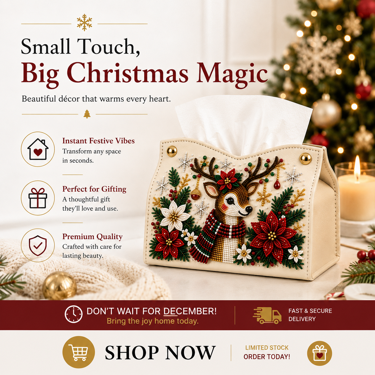 Christmas Elegance – Decorative Beaded Tissue Box Cover