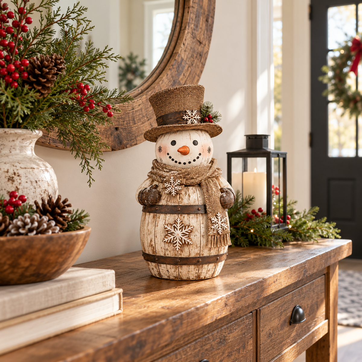 Vintage Whitewashed Barrel Snowman with rustic top hat and scarf on a farmhouse entryway console