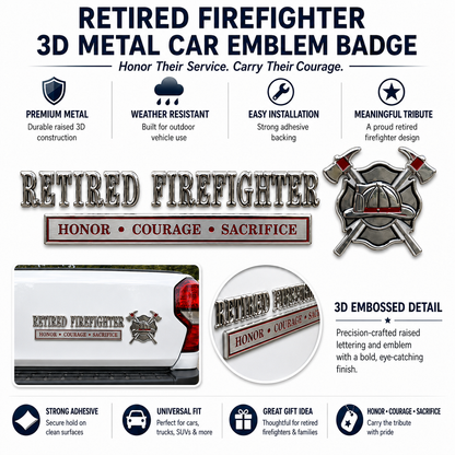 🚒 Retired Firefighter Honor Courage Sacrifice Car Emblem Metal Badge