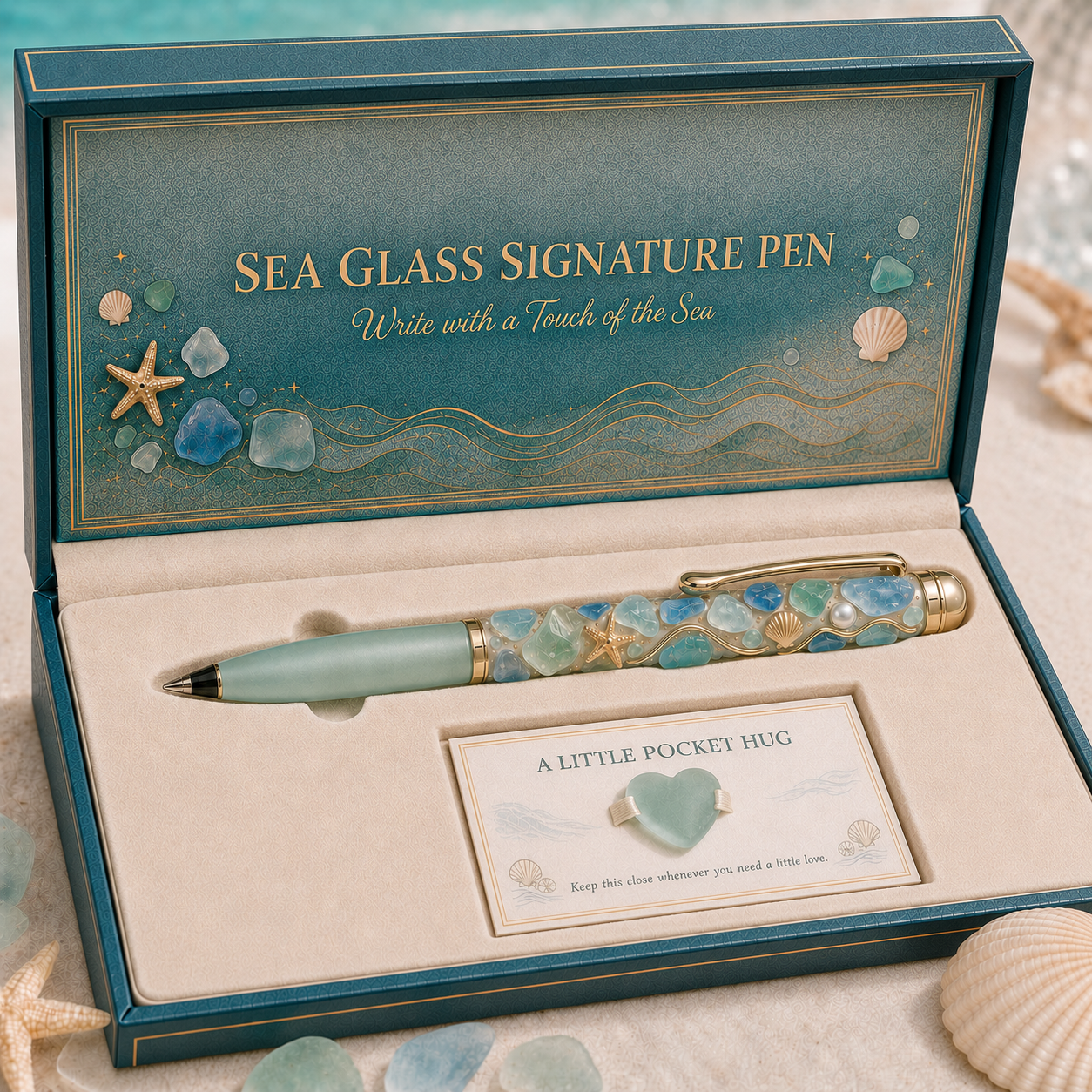 🎁 Sea Glass Signature Pen Gift Set with Pocket Hug