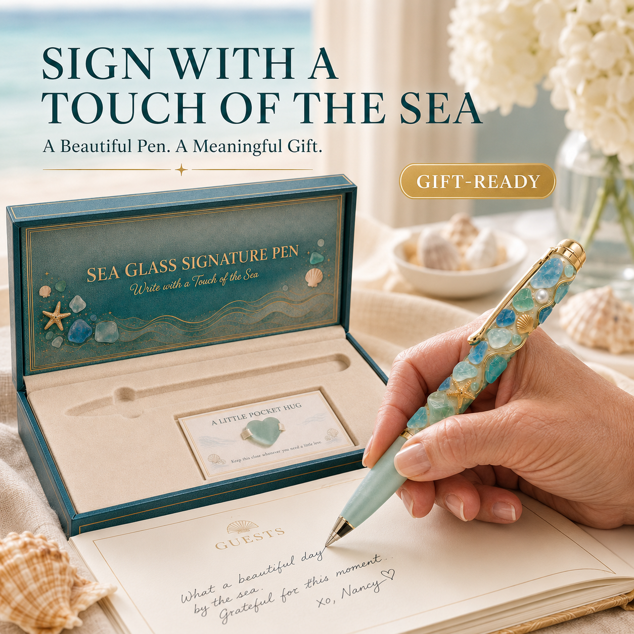 🎁 Sea Glass Signature Pen Gift Set with Pocket Hug