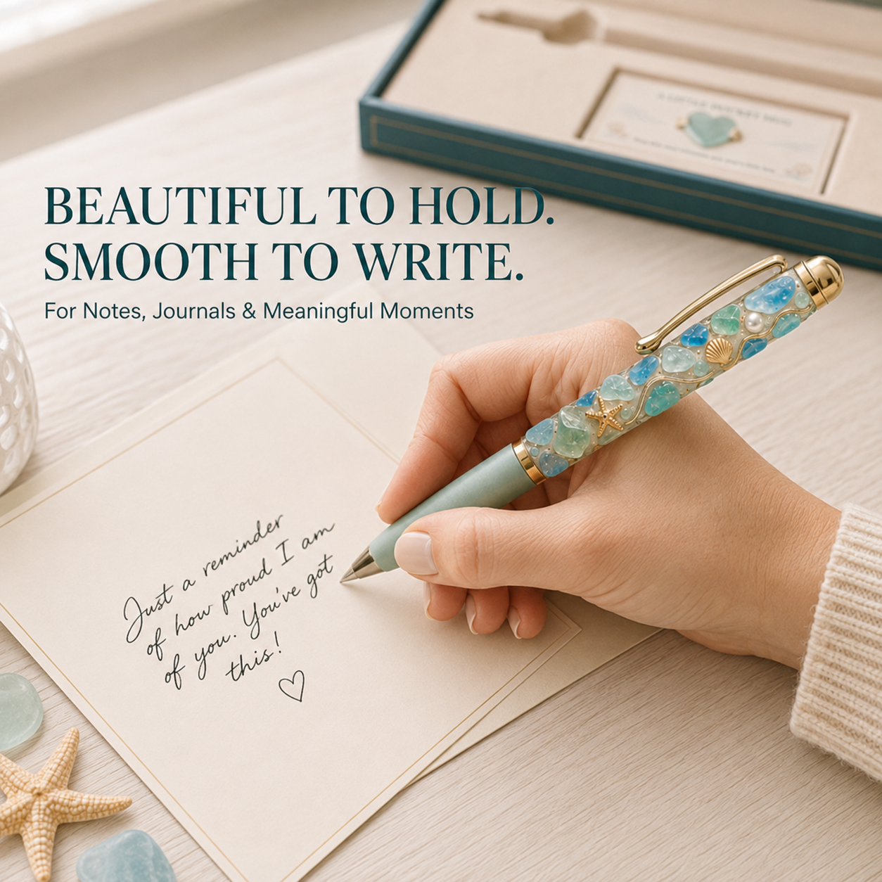 🎁 Sea Glass Signature Pen Gift Set with Pocket Hug