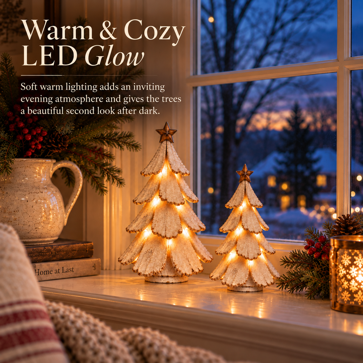 Warm LED glow from vintage Christmas tree figurines on a winter windowsill