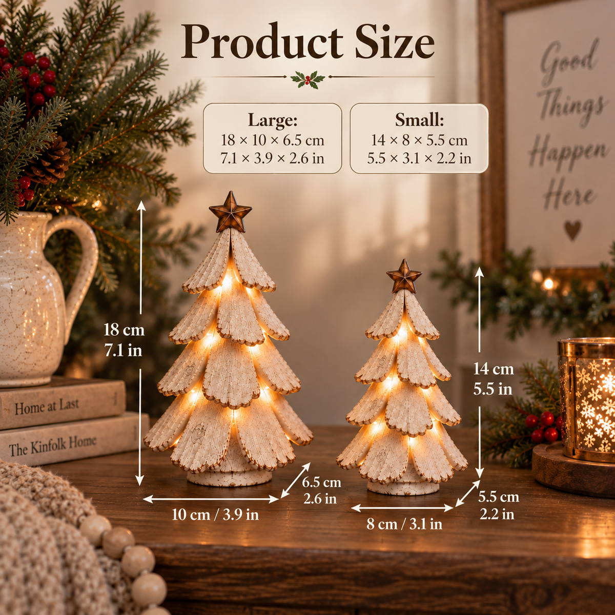 Large and small vintage Christmas tree figurine size comparison
