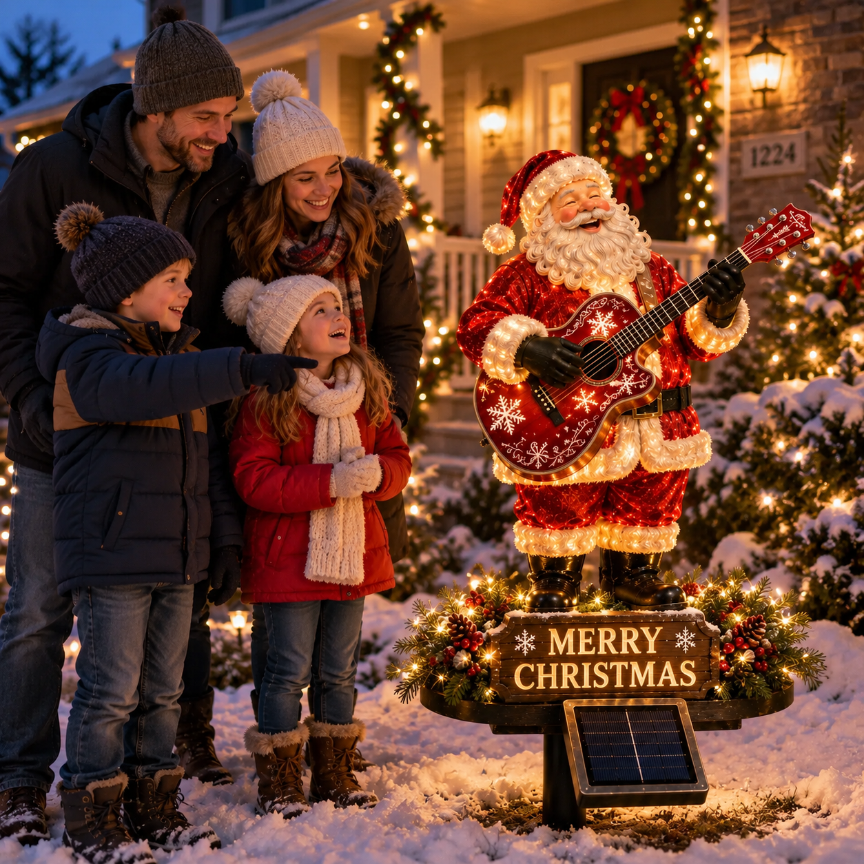 Solar-powered light-up guitar Santa Christmas yard decoration