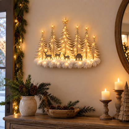 🦌✨ Glowing Christmas Woodland Wall Decor | Snowy Forest, Deer & Cottage Scene🎄