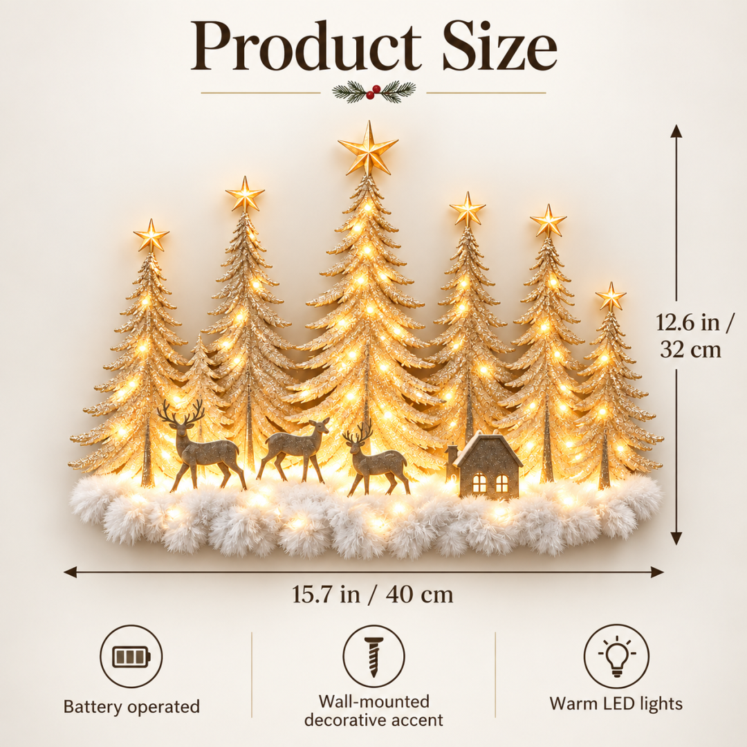 🦌✨ Glowing Christmas Woodland Wall Decor | Snowy Forest, Deer & Cottage Scene🎄