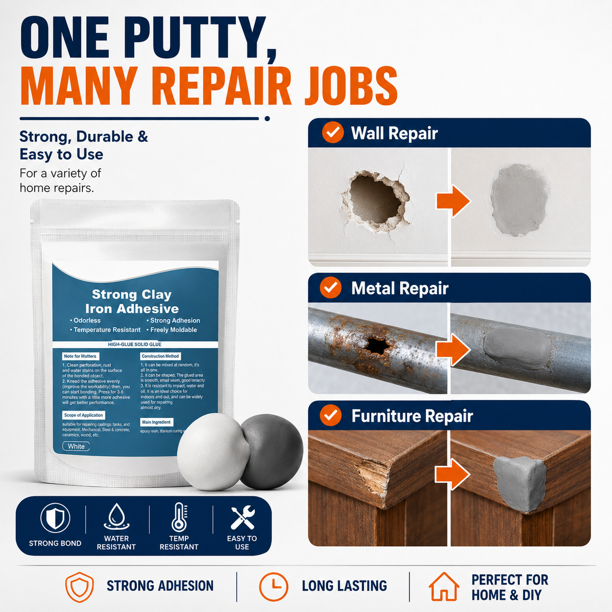 🛠️ Strong Clay Iron Adhesive Repair Putty – Moldable Gap & Crack Filler