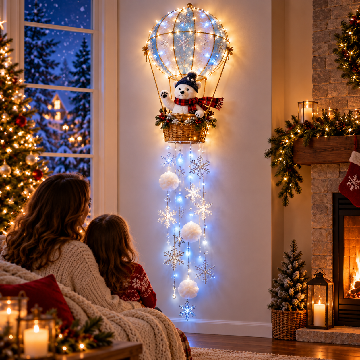 Polar Bear Hot Air Balloon Snowflake Light