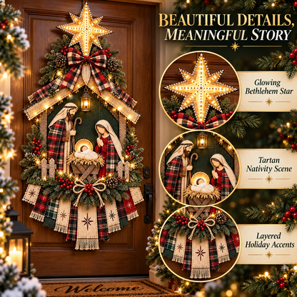 Lighted Nativity Scene Door Wreath, Bethlehem Star Holy Family Front Door Hanging