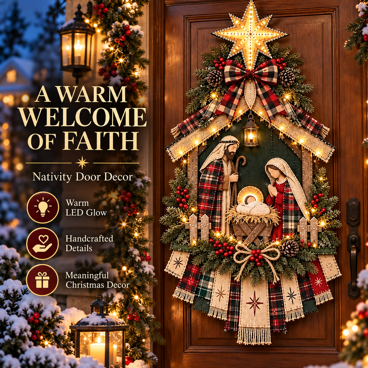 Lighted Nativity Scene Door Wreath, Bethlehem Star Holy Family Front Door Hanging