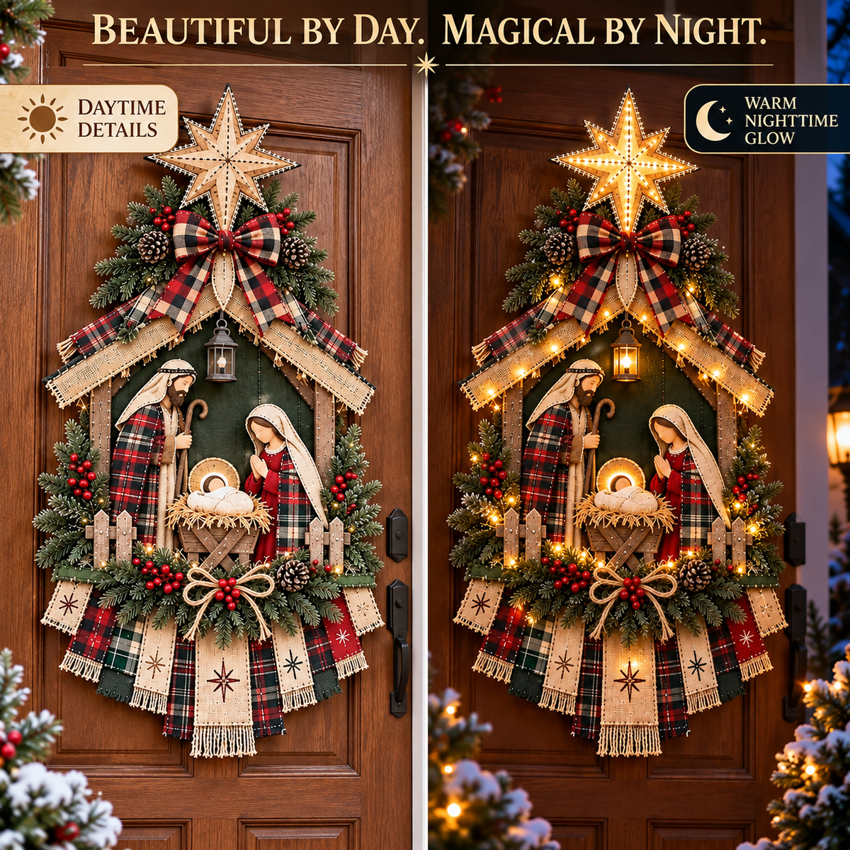 Lighted Nativity Scene Door Wreath, Bethlehem Star Holy Family Front Door Hanging