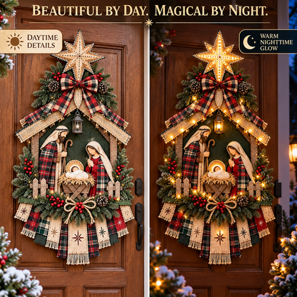 Lighted Nativity Scene Door Wreath, Bethlehem Star Holy Family Front Door Hanging