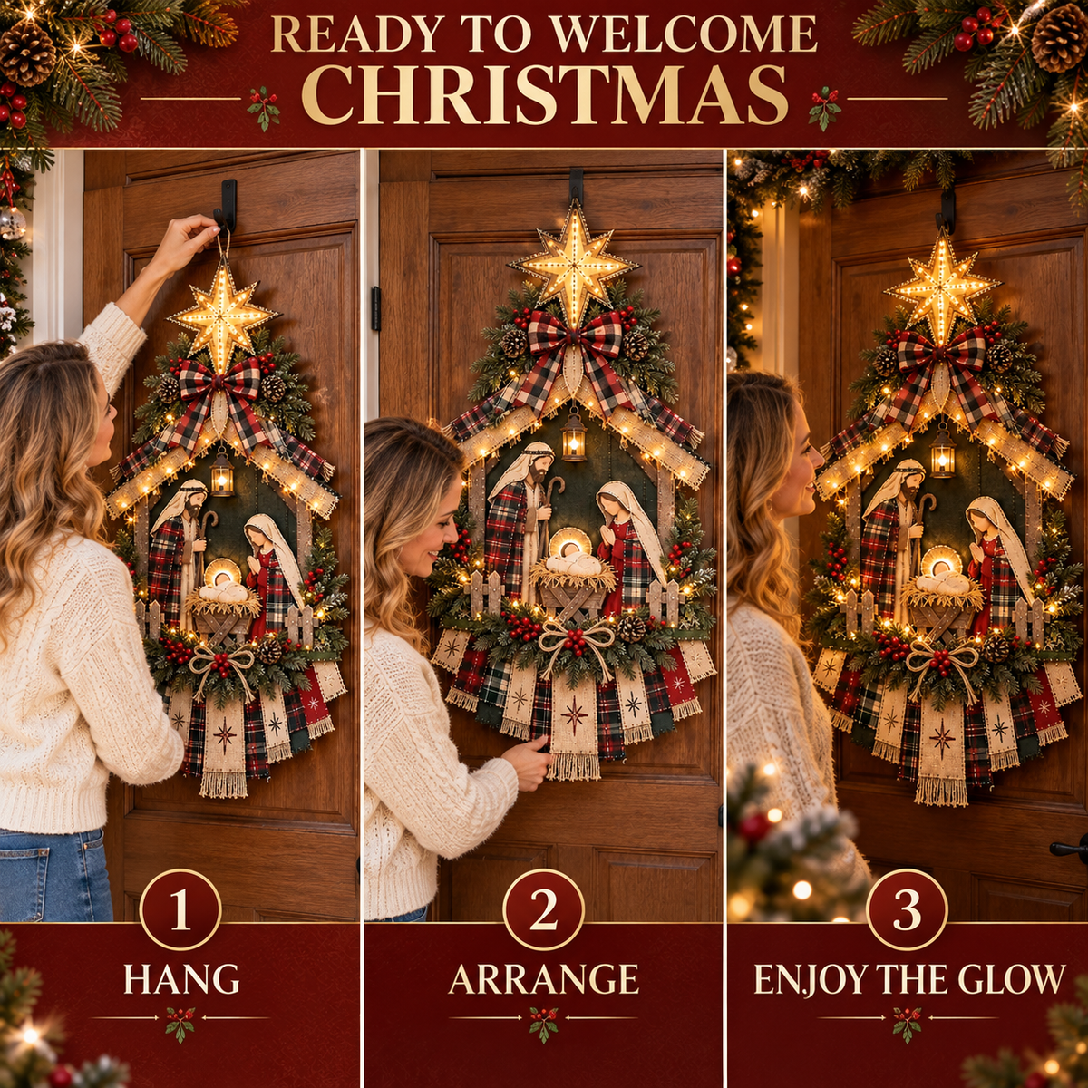Lighted Nativity Scene Door Wreath, Bethlehem Star Holy Family Front Door Hanging