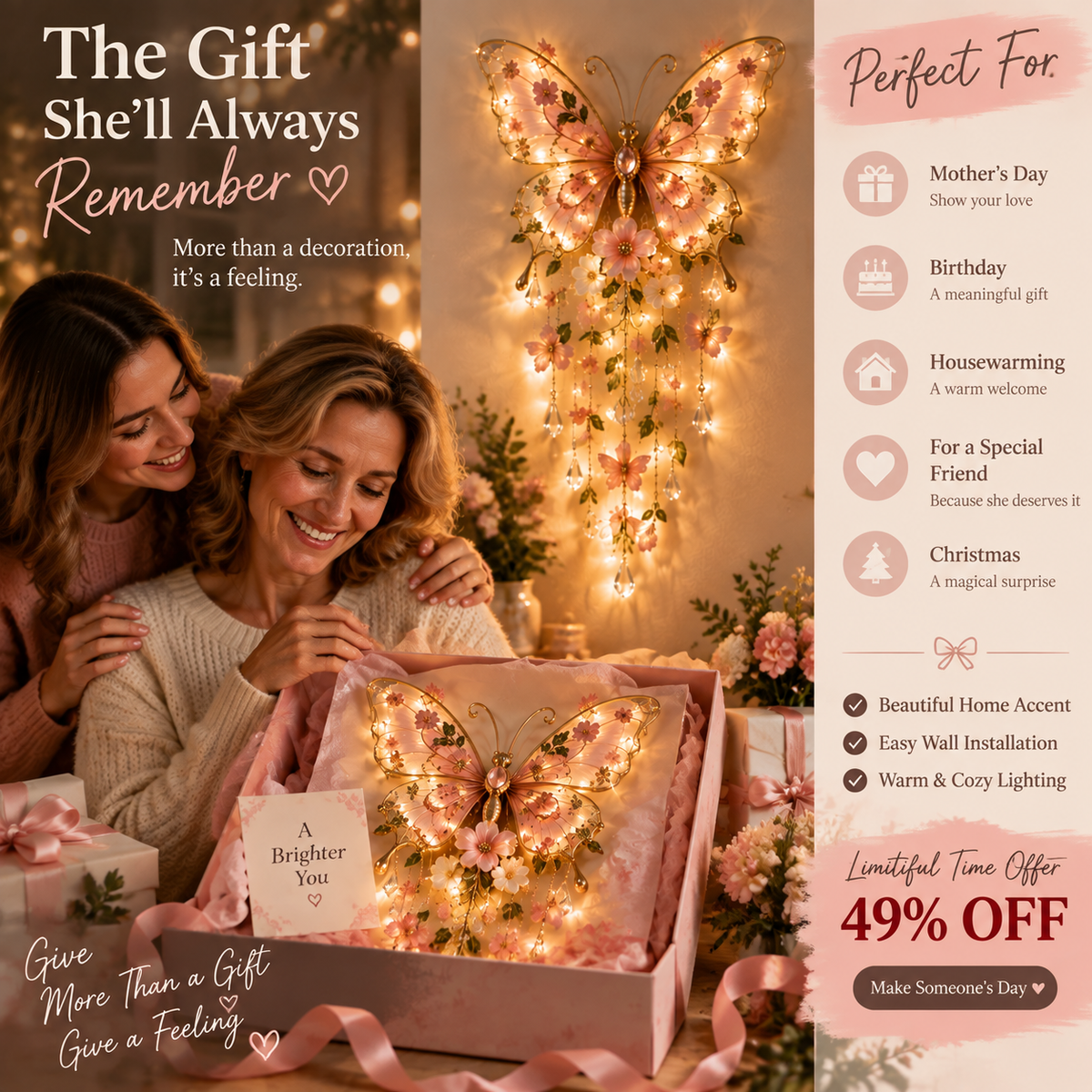 Mother and daughter sharing a butterfly wall light as a thoughtful gift