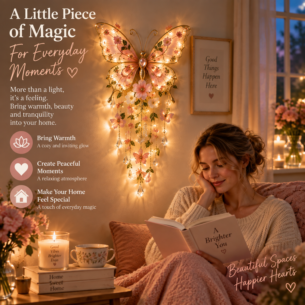Floral butterfly wall light beside a cozy reading corner