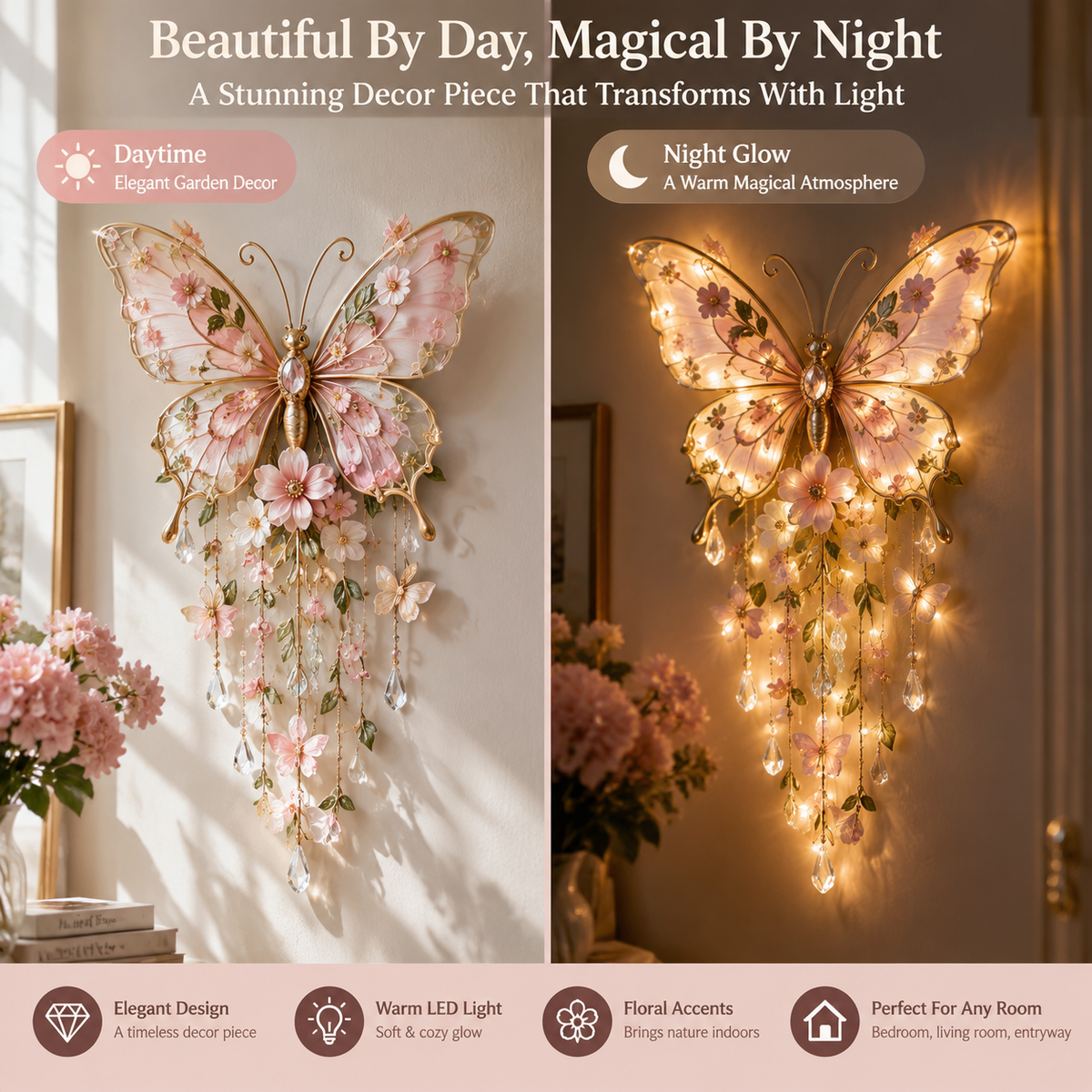 Butterfly wall decoration shown in daylight and illuminated at night
