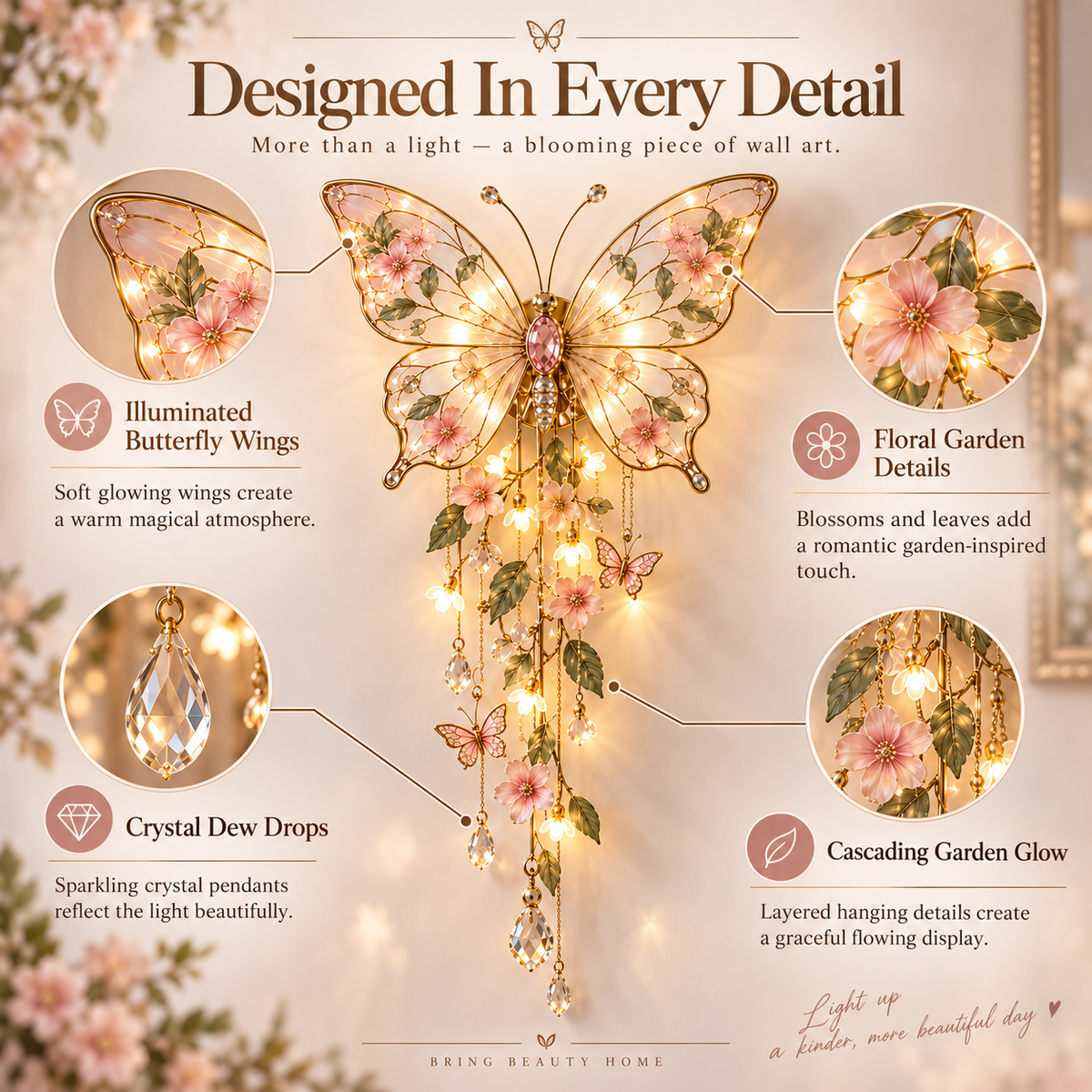Close-up design details of butterfly wings, flowers and hanging pendants