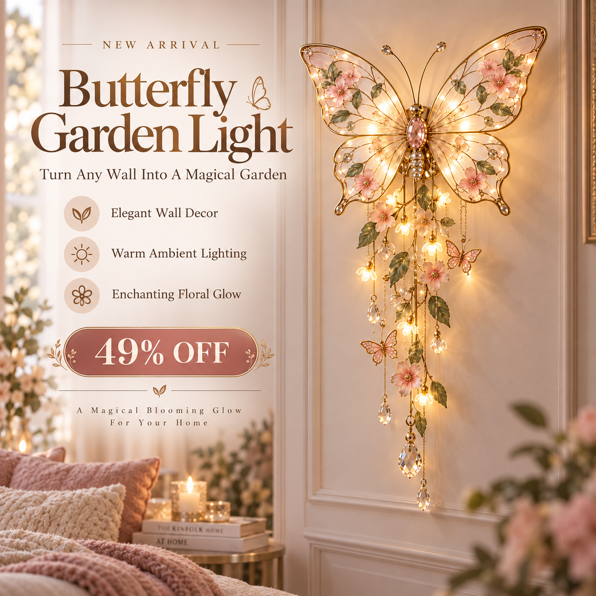 Butterfly Garden Light with pink flowers and cascading illuminated accents