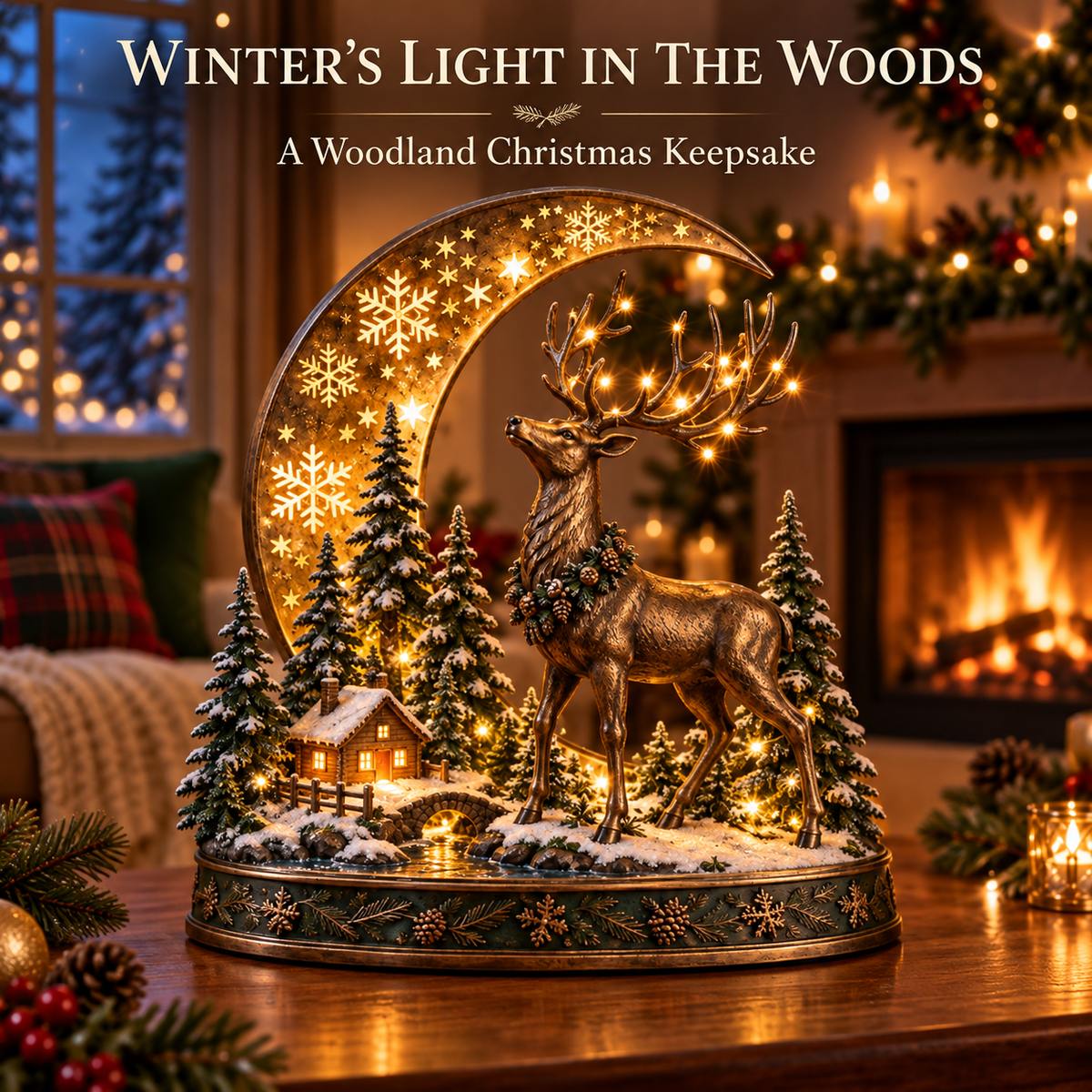 🎄🦌 Woodland Reindeer Moonlight Village – Lighted Christmas Tabletop Décor ✨