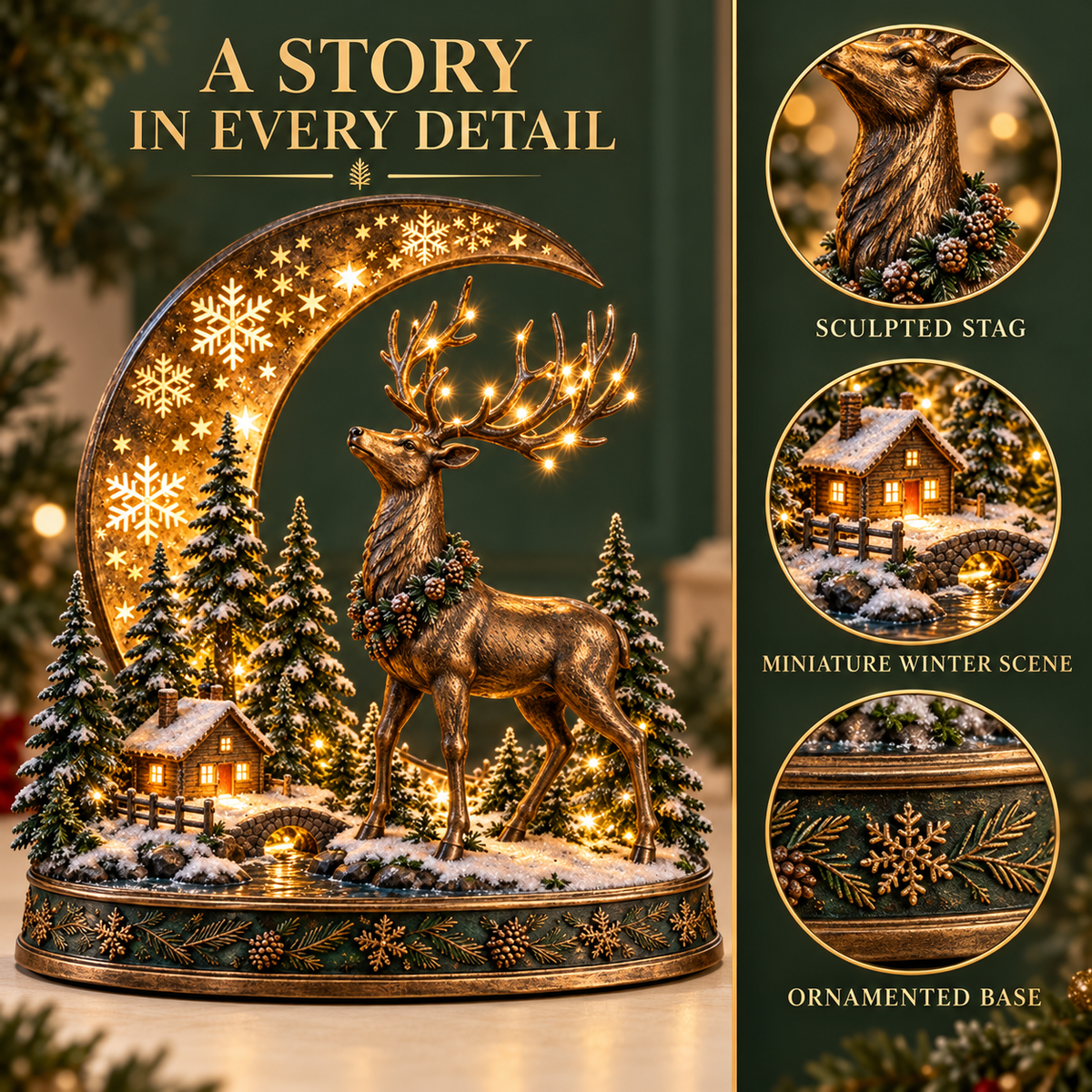 🎄🦌 Woodland Reindeer Moonlight Village – Lighted Christmas Tabletop Décor ✨