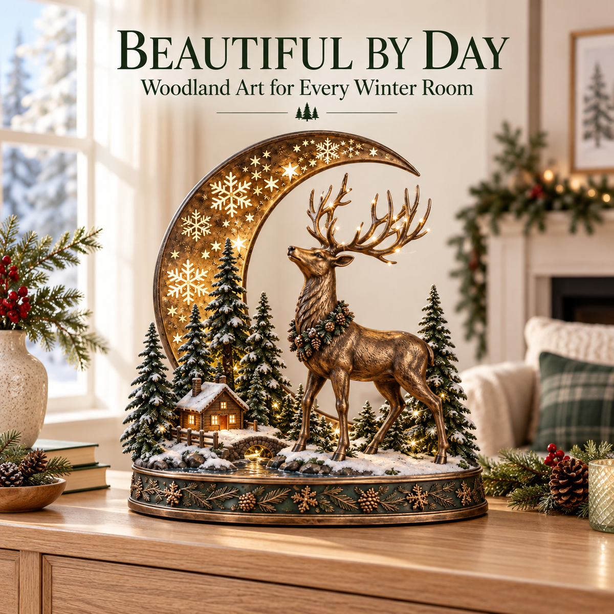 🎄🦌 Woodland Reindeer Moonlight Village – Lighted Christmas Tabletop Décor ✨