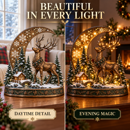 🎄🦌 Woodland Reindeer Moonlight Village – Lighted Christmas Tabletop Décor ✨
