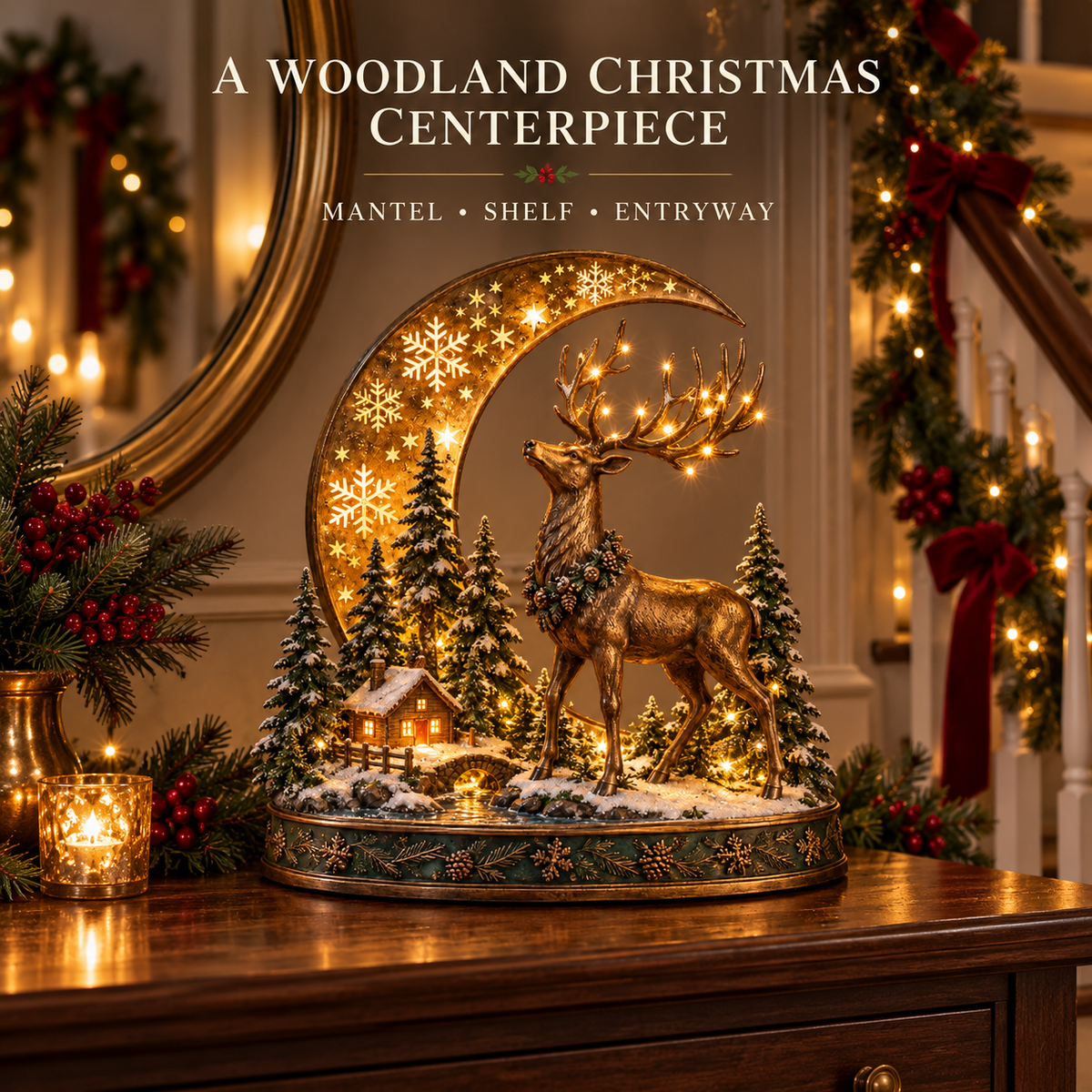 🎄🦌 Woodland Reindeer Moonlight Village – Lighted Christmas Tabletop Décor ✨
